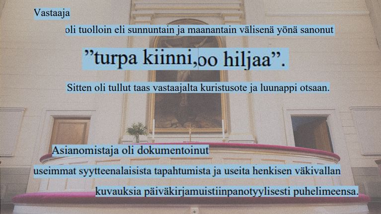 Kuvituskuva kirkon alttarista. Päälle on leikattu tekstikappaleita poliisin esitutkintamateriaalista.