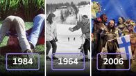 Kolmen kuvan yhdistelmä, joista yhdessä näkyy kuva pikkupojasta tekemässä kuperkeikkaa ja teksti 1984, toisessa mies ja nainen mustavalkokuvassa laskettelemassa ja teksti 1964 ja kolmannessa Lordi-yhtye Suomen lippu kädessään ja teksti 2006.