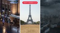 Kolmen kuvan yhdistelmä, jossa on tekoälyllä muokattuja maisemia Euroopasta. Ensimmäisessä Pariisin Eiffel-tornin edustan puiston nurmikko on muuttunut helteessä ruskeaksi ja ihmiset suojautuvat auringolta puiden alle. Toisessa merenpinta on noussut Gdanskin satamassa peittäen rakennukset ja puut osin veden alle. Kolmannessa lumi on sulanut Helsingin rautatieaseman edustalla ja maa on märkä ja sohjoinen.