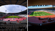 Yhdistelmäkuvassa kaksi näkymää urheilustadioneista.