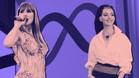Kuvitus, jossa etualalla seisoo laulaja Taylor Swift ja näyttelijä Anne Hathaway, taustalla Metan logo.