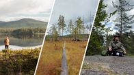 Kuva, jossa on kolme kuvaa. Vasemmalla ihminen kalastaa tunturijärvellä, keskellä pitkospuut suolla ja oikealla ihminen istuu kalliolla.