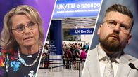 Vasemmalla silmälasipäinen iäkkäämpi nainen, keskellä kuvaa lentokentän maahantuloalueelta Isosta-Britanniasta, vasemmalla parrakas nuorehko pukumies.