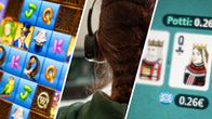 Kollaasikuva, jossa verkon rahapelejä, sekä luurit päässä oleva henkilö.