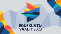 Eduskuntavaalien 2023-logo harmahtavalla pohjalla