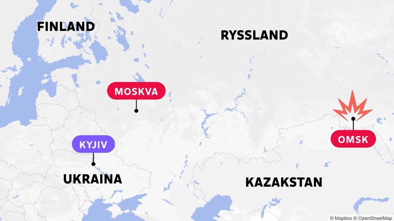 En karta som visar västra Ryssland, Ukraina och Finland. Städerna Kyjiv, Moskva och Omsk är markerade. Omsk ligger långt österut, norr om östra Kazakstan.