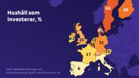 En karta över Europa som visar andelen hushåll som investerar i olika länder, markerat med siffror och färger.