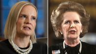 Vasemmalla Riikka Purra mustassa paidassa ja helmet kaulassa, oikealle Margareth Thatcher samoissa asusteissa.