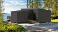 Havainnekuvassa CLT-rakenteinen loma-asunto kesäisessä maisemassa.