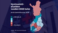 Kartta näyttää hyvinvointialueiden tulokset vuonna 2025: eniten tappiollinen se oli Keski-Suomessa. Eniten plussalla Länsi-Uusimaa ja Pirkanmaa.