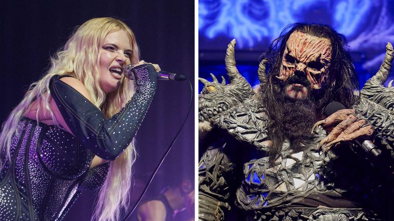 A composite picture showing a blonde woman in a purple outfit singing into a microphone on the left and a man in a monster costume on the right. 