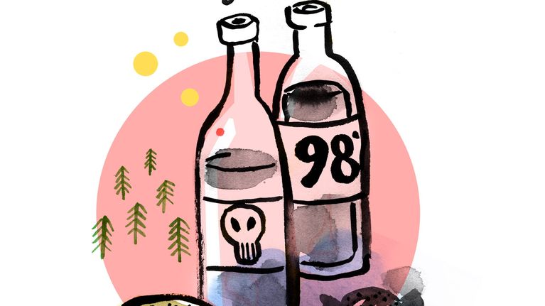 Vesivärikuvassa on munkkirinkilöitä, karamelleja ja kaksi pulloa pirtua. Toisen pullon kyljessä on pääkallo, toisessa lukee alkoholiprosentti 98 %.