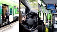 Yhdessä kuvassa mies astuu junaan, toisessa naisen käsi ohjaa auton rattia ja kolmannessa sisäkuva paikallisliikenteen bussista.