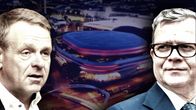 Composite image featuring the faces of two men with a blurry artist's rendition of a planned sports arena between them. 