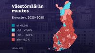 Kartta näyttää miten väestömäärä kehittyy Suomen kunnissa vuoteen 2050 mennessä.