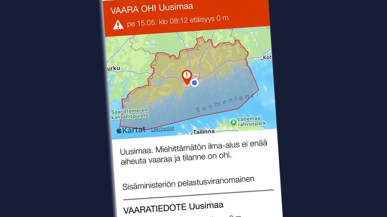 Kuvakaappaus 112-sovelluksen vaaratiedotteesta jossa kerrotaan että droonivaara on ohi.