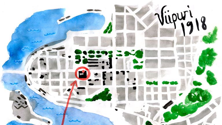 Vesivärikuva Viipurin kartasta vuodelta 1918, siihen on ympyröity Seurahuoneen sijainti punaisella. 
