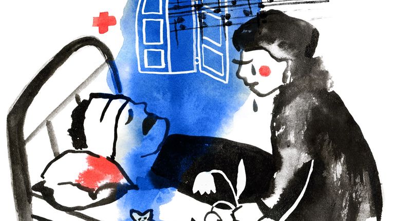 Vesivärikuvassa Alma Kuula suree miehensä Toivo Kuulan sairasvuoteen äärellä. 