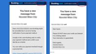 Kuvassa on kaksi ruutukaappausta Booking.comilta tulleista viesteistä. Toinen on aito ja toinen huijausviesti.