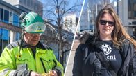 Kaksi kuvaa eroteltuna valkoisella väliviivalla. Vasemmalla mies työvaatteissa käsittelee narua ja oikealla nainen seisoo torilla.
