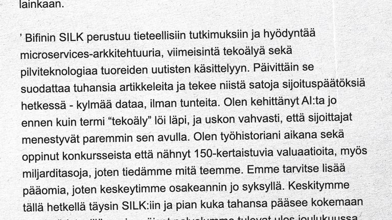 Kuvakaappaus sähköpostista, jonka toimittaja Jyri Hänninen sai Tommi Lindforsilta.