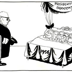 Kari Suomalaisen pilapiirros presidentinvaalien ehdokkaista 1956.