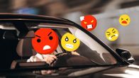 Photo of a person behind the wheel, face covered with an angry emoji, with other emojis showing irritation or frustration surrounding the car.