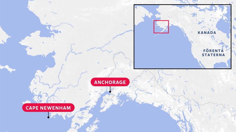 Karta som markerar Cape Newenham och Anchorage i västra Alaska, med en röd ruta som visar området i en större karta.