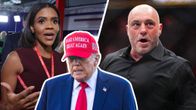 Kuvakollaasi jossa Donald Trump Maga hatussaan, Candace Owens ja Joe Rogan.