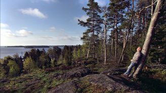 Ohjaaja Petteri Saario nojaa mäntyyn Helsingin Vartiosaaressa.