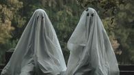 Två personer sitter på ett staket, täckta med vita lakan som spöken, i en skogsmiljö.
