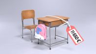 Kuvassa, pulpetti, josta roikkuu hintalappu 11300 euroa.