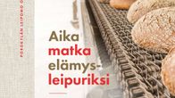 Kirjan Aikamatka elämysleipuriksi kansikuva, jossa kirja nimi ja ruisleipiä jonossa. 