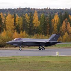 F-35 fighter jet on an airfield runway, with autumn-coloured trees in the background.