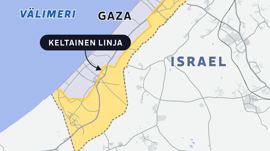 Gazan kartta, johon merkitty keltainen linja, jonka taakse Israel vetäytyi lokakuussa 2025.