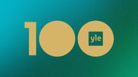 A commemorative banner featuring the iconic gold '100' and Yle logo on a vibrant turquoise and green gradient background.