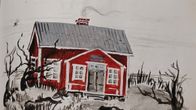Målning av den biologiska stationens hus på Valsörarna från gästboken 1983.