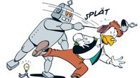 Robotti lyö Pelle Pelotonta kärpäslätkällä. Sarjakuva.