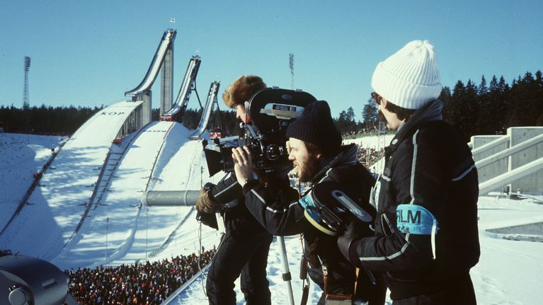 Kari Jäntti, Osmo Valavaara ja Hannu Kostermaa hiihdon MM-kisoja taltioimassa Lahdessa 1978