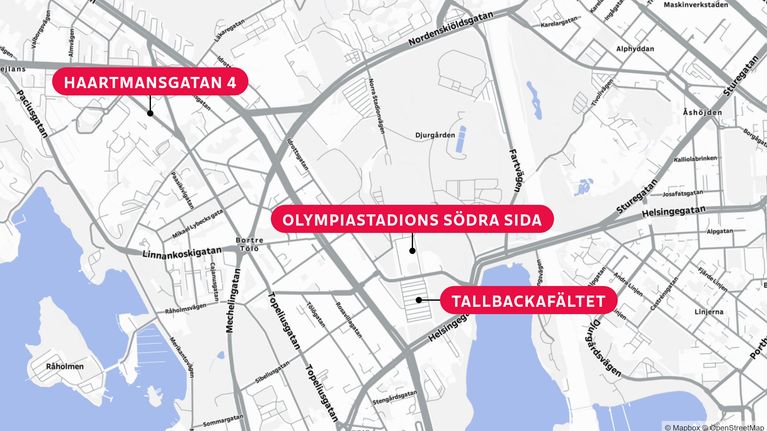 Karta över Helsingfors med Hartmansgatan, Tallbackafältet och Stadions parkering 