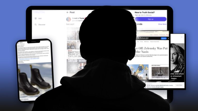 Tumma hahmo näytön edessä, katselee nettiuutisia.