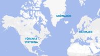 Världskarta med USA, Grönland och Danmark utmärkt.