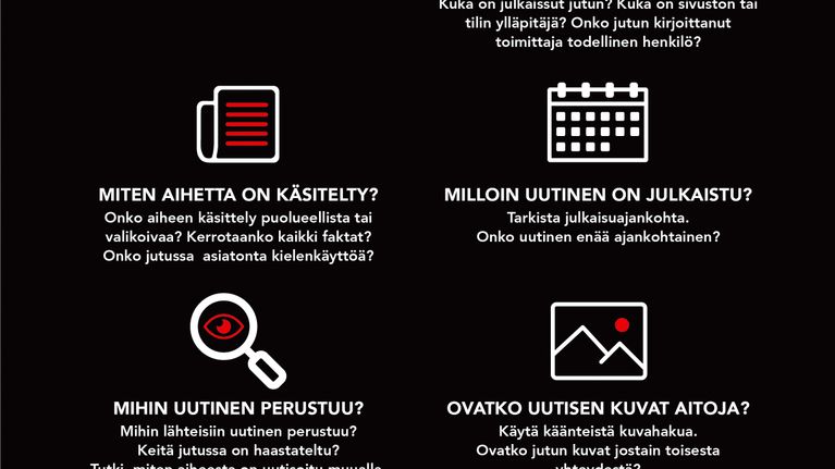 Kuvassa ohjeet luotettavan uutisen tunnistamiseen