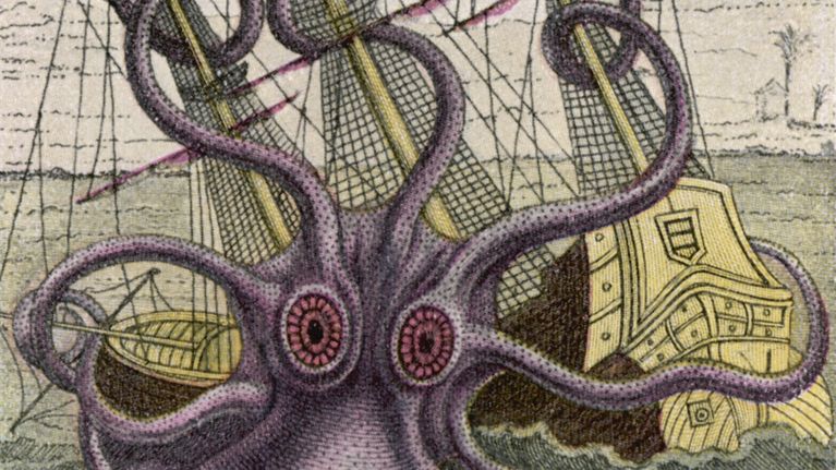 Kraken, jättiläiskalmari purjelaivan kimpussa.