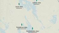 Pohjois-Karjalan alueen kartta, johon on merkitty sähköyhtiön työkohteita loppuvuonna 2026.