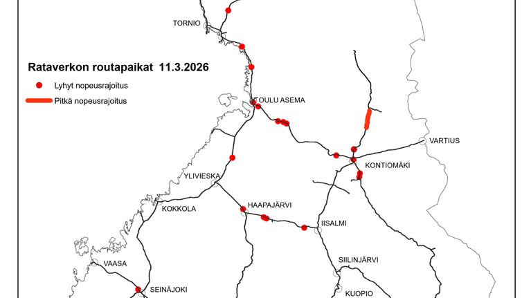 Kartta routavaurioiden paikoista.