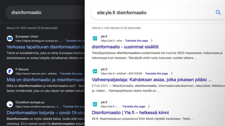Kuvassa näytetään kaksi googlen hakutulosta, joista toisessa on käytetty hakuoperaattoria "site".