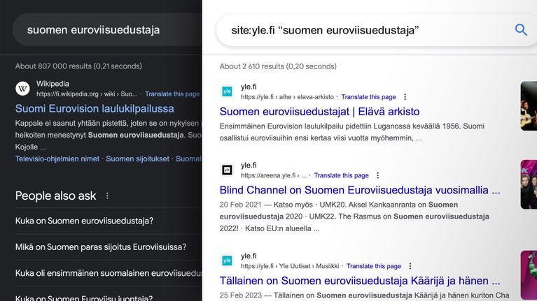 Kuvassa näytetään kaksi googlen hakutulosta, joista toisessa on käytetty lainausmerkkejä.