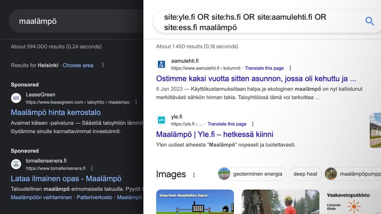 Kuvassa näytetään kaksi googlen hakutulosta, joista toisessa on käytetty hakuoperaattoria OR.