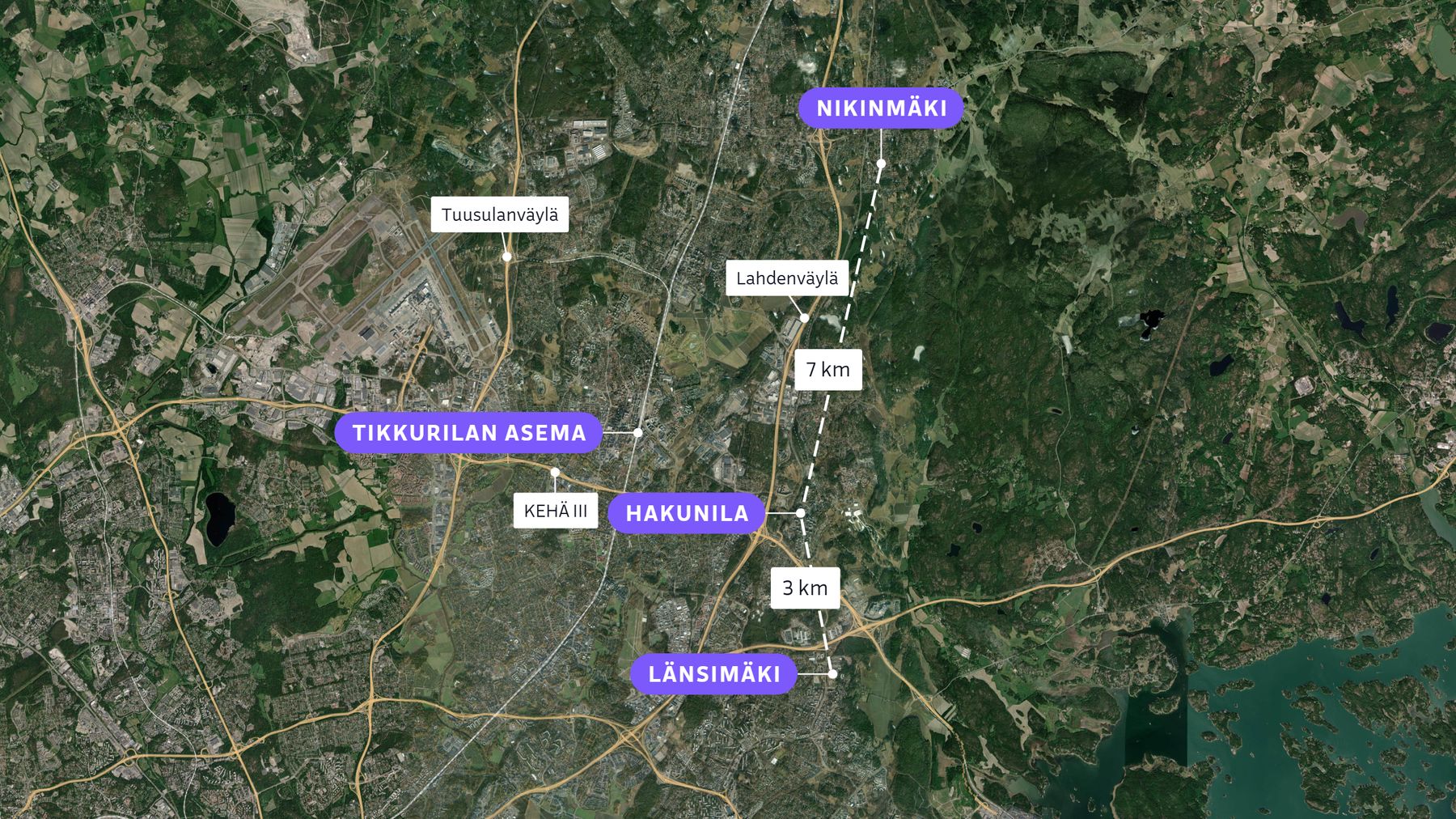 Hakunila, Länsimäki ja Nikinmäki merkattuna satelliittikuvaan.